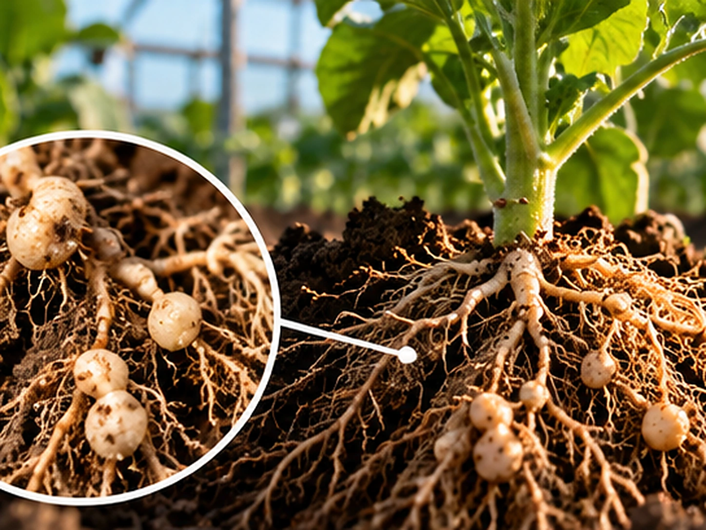 Piante orticole in serra con radici colpite da nematodi galligeni nel terreno